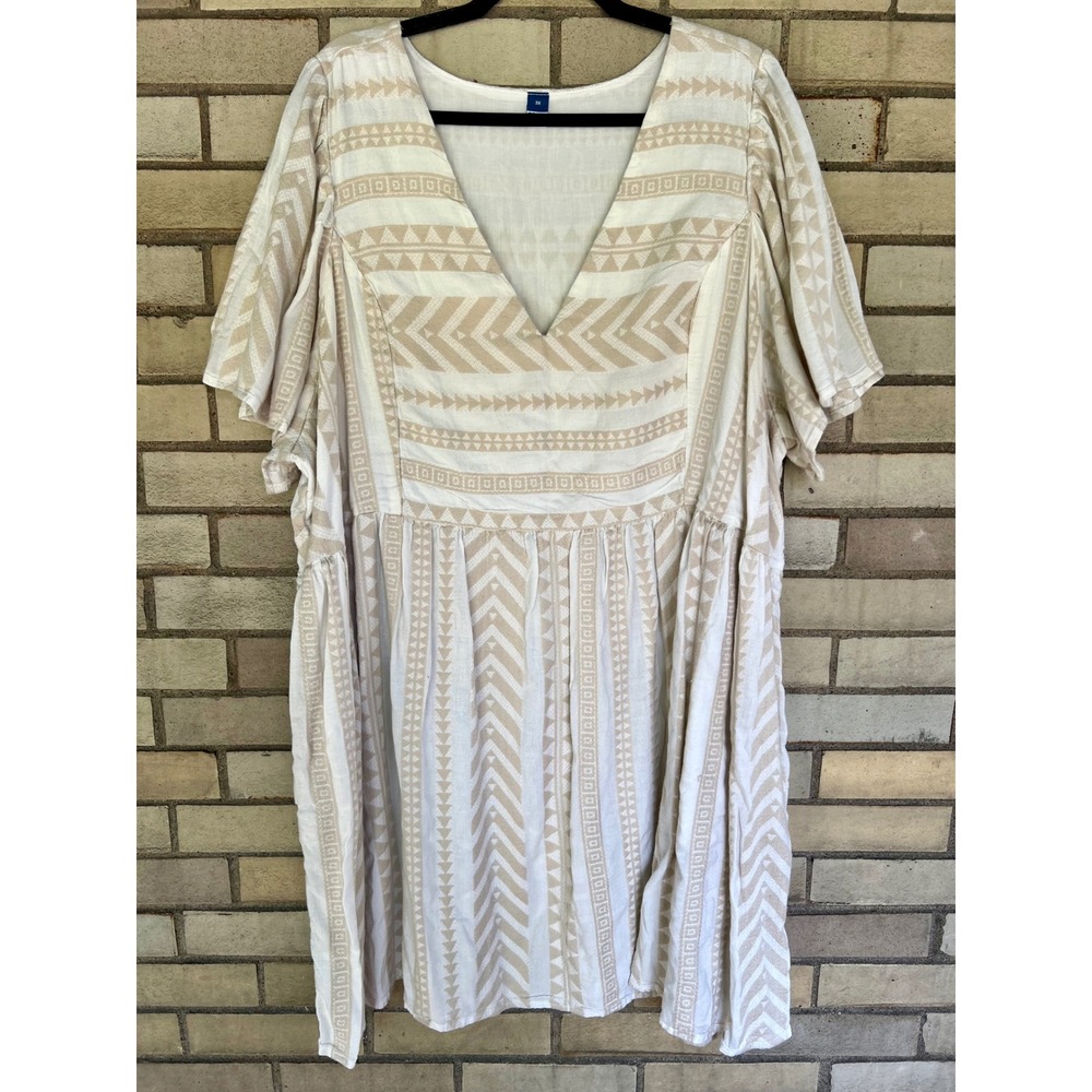 Old Navy Boho Embroidered V-Neck Pocket Mini Dress Tan Cream Plus Size 3X